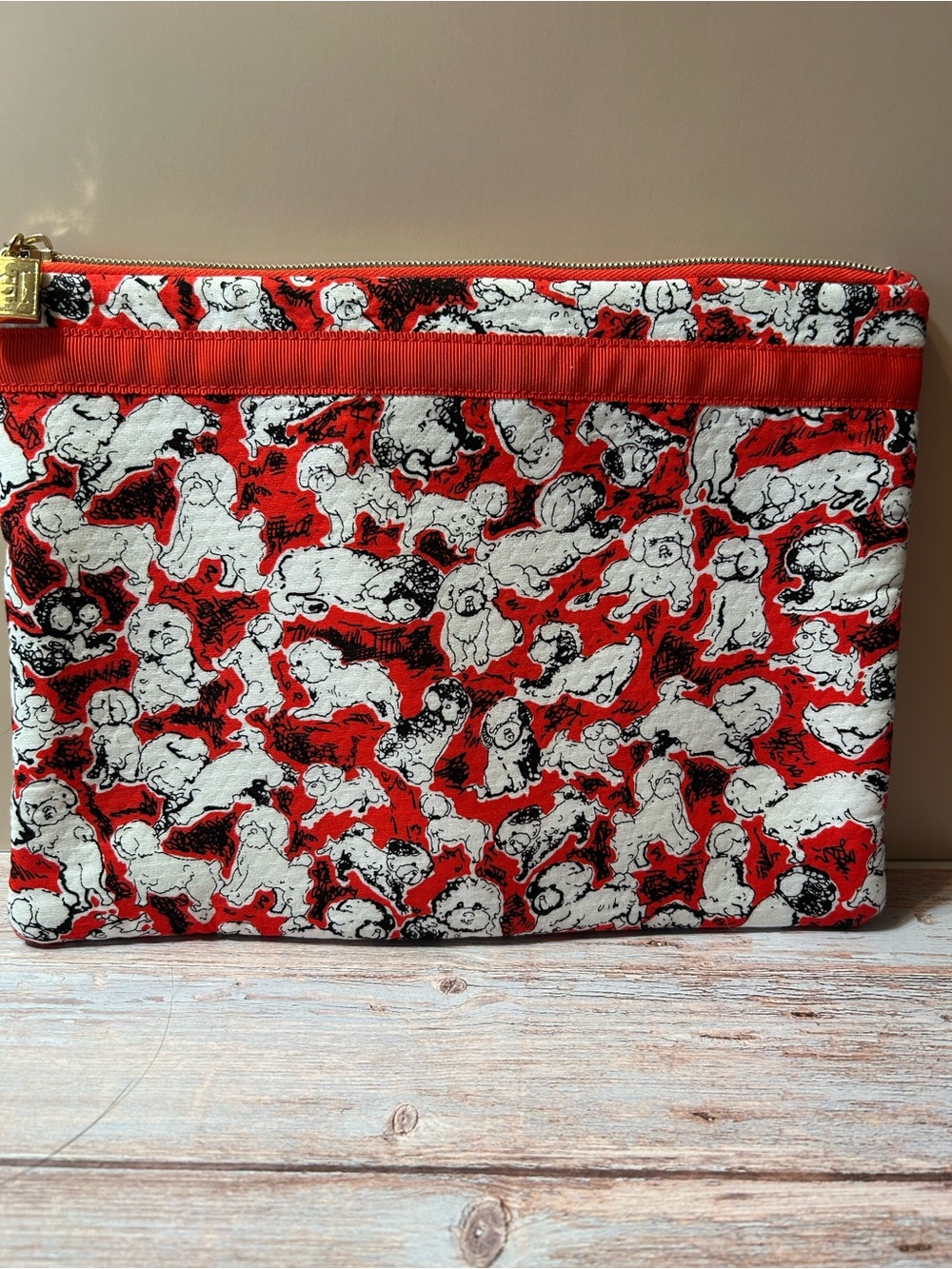Neiman Marcus Carolina Herrera Red and White Dog Print Zip Pouch